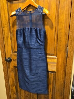 JS Boutique Navy Sheath Midi Dress with Beaded Shoulders